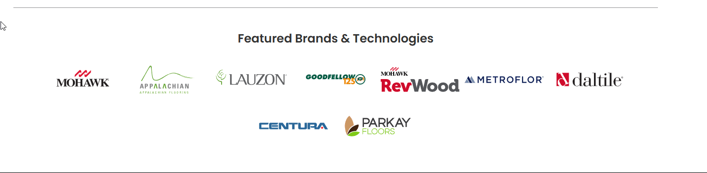 Featured brands including Mohawk, Appalachian, Lauzon, Goodfellow, RevWood, Metroflor, Daltile, Centura, and Parkay Floors