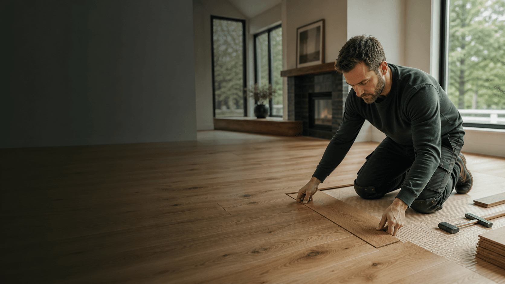 Professional flooring installer carefully fitting a hardwood floor